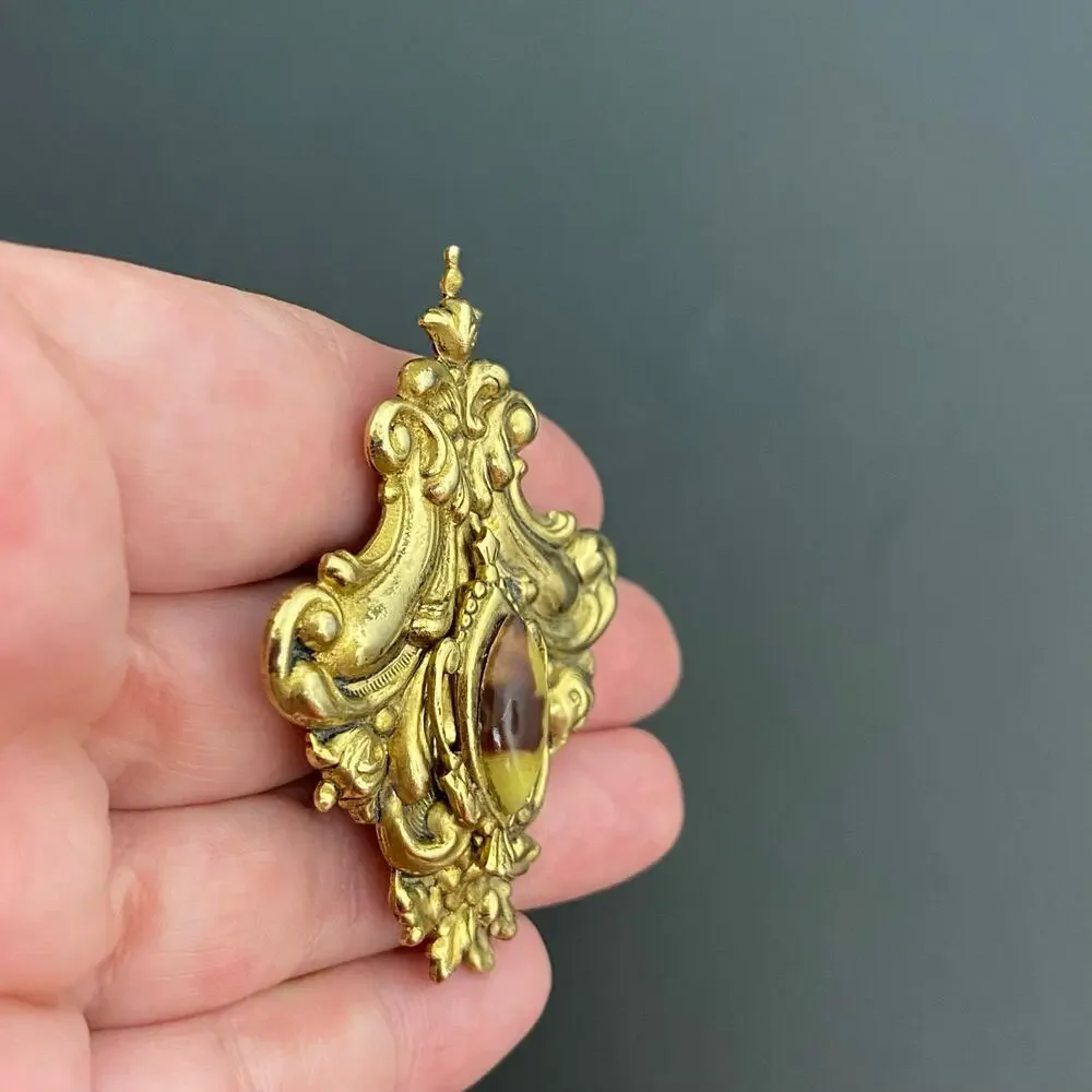 Vintage Gold Tone Baroque Filigree Shield Brooch Pin Victorian Revival Marquise